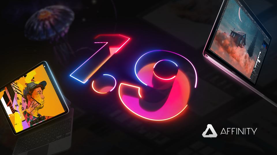 1.9の数字がネオンブルー、ピンク、オレンジでライトアップされ、その周りにAffinityの1.9の新機能が表示されている